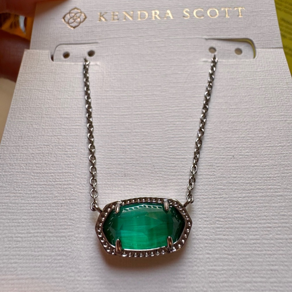 Kendra Scott Silver Necklace with Emerald Green Glass Pendant NWT